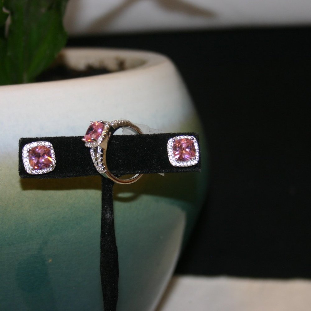 Pink Crystal Ring & Stud Earring Set 925  NWOT r-794